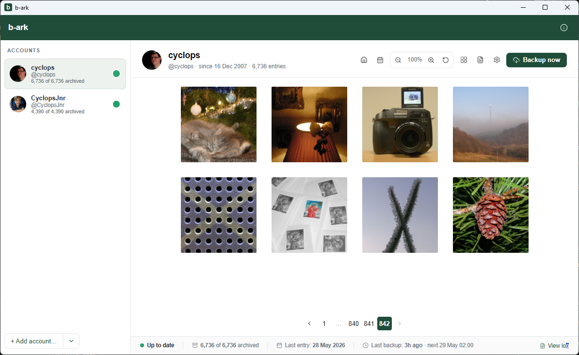 The b-ark app showing an account with archived photos.